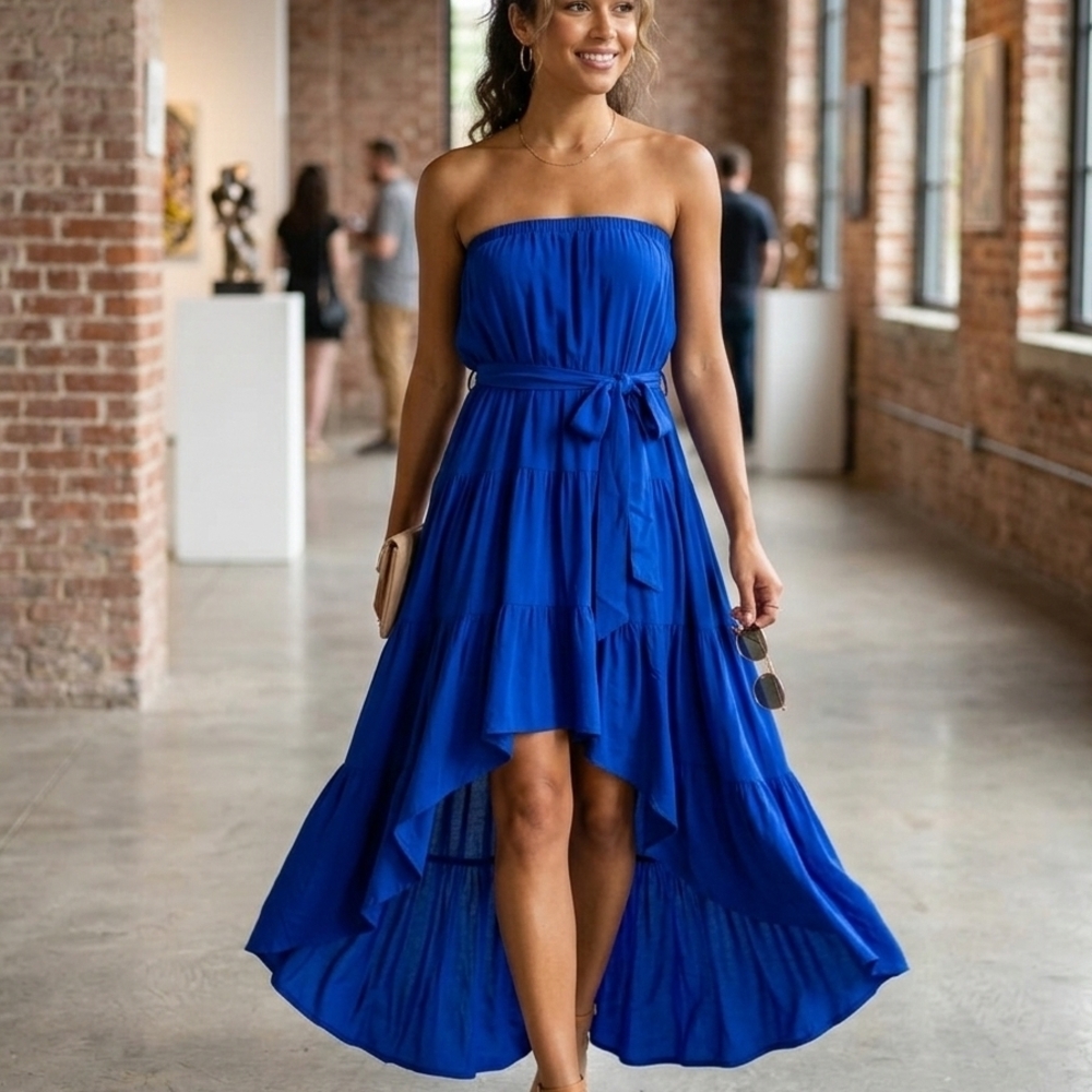 LA BLANCA Strapless High-Low Maxi Dress in Royal Blue